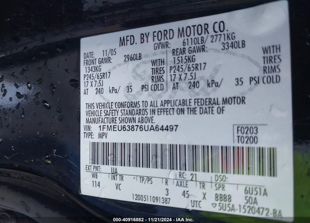 2006 FORD EXPLORER XLT VIN: 1FMEU63876UA64497