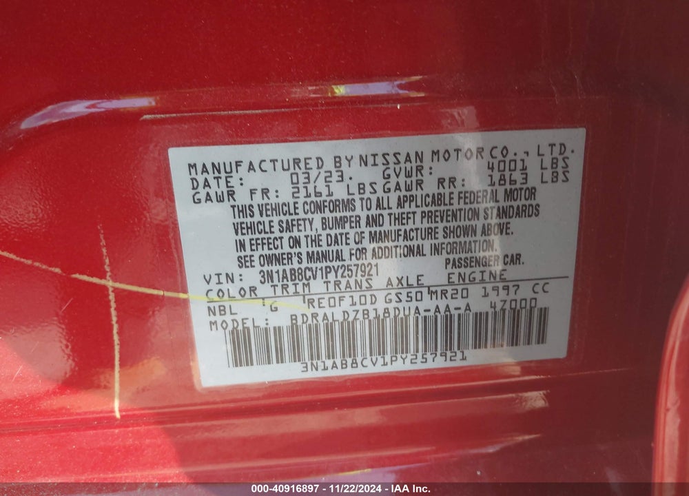2023 NISSAN SENTRA SV XTRONIC CVT VIN: 3N1AB8CV1PY257921