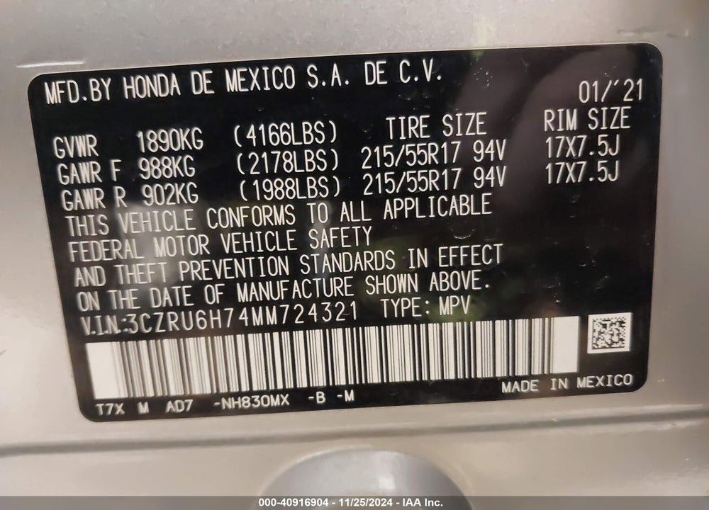 2021 HONDA HR-V AWD EX-L VIN: 3CZRU6H74MM724321