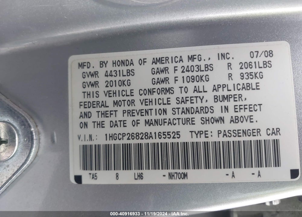 2008 HONDA ACCORD 2.4 EX-L VIN: 1HGCP26828A165525