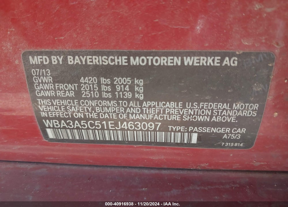 2014 BMW 328I VIN: WBA3A5C51EJ463097