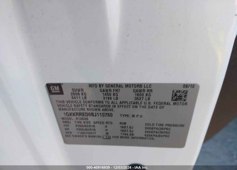 2011 GMC ACADIA SLT-1 VIN: 1GKKRRED8BJ110780