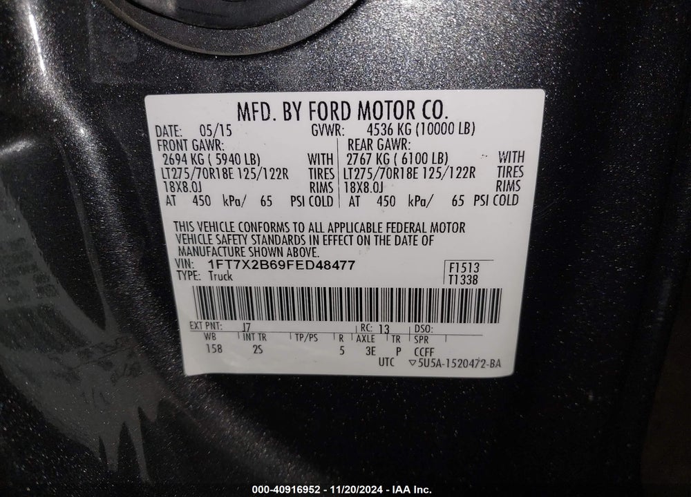 2015 FORD F-250 XLT VIN: 1FT7X2B69FED48477