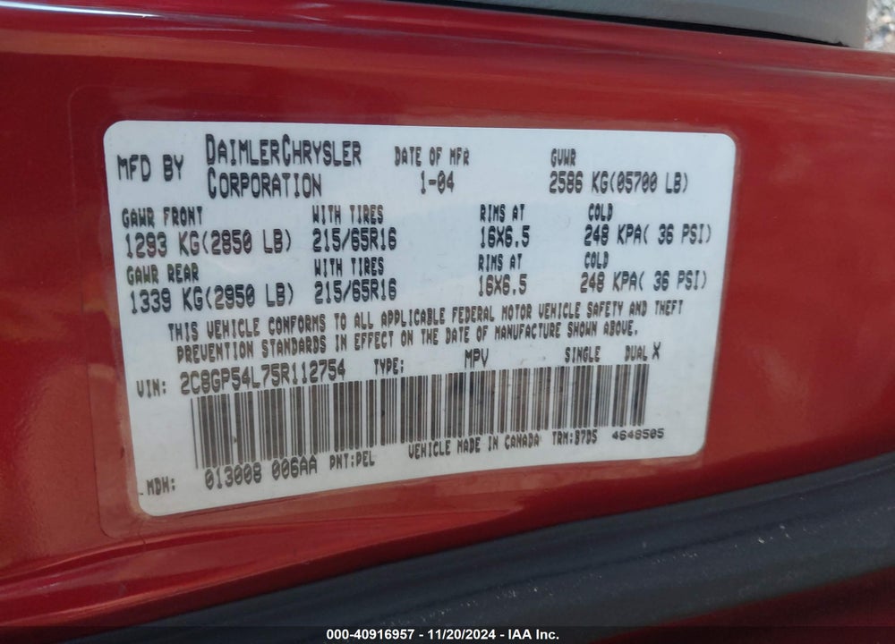 2005 CHRYSLER TOWN & COUNTRY TOURING VIN: 2C8GP54L75R112754