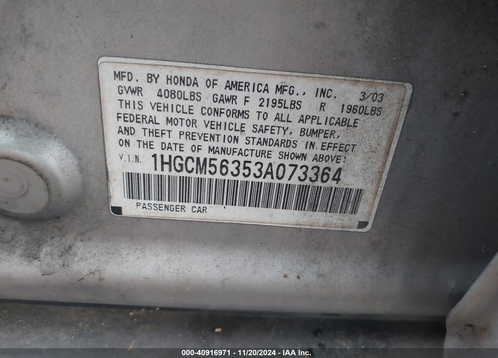 2003 HONDA ACCORD 2.4 LX VIN: 1HGCM56353A073364