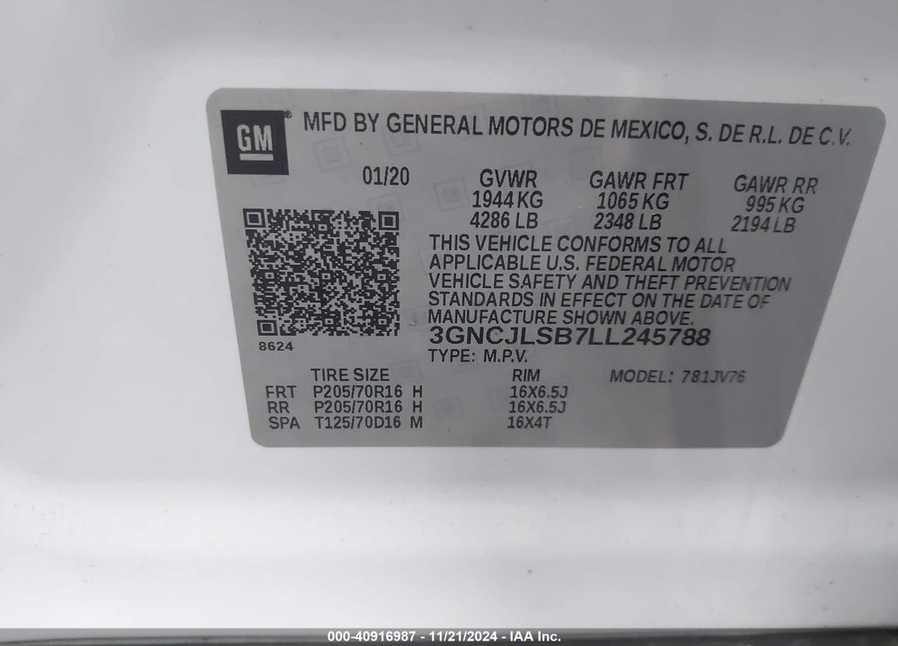 2020 CHEVROLET TRAX FWD LT VIN: 3GNCJLSB7LL245788