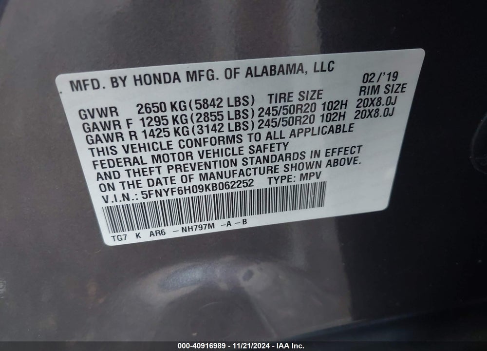2019 HONDA PILOT ELITE VIN: 5FNYF6H09KB062252