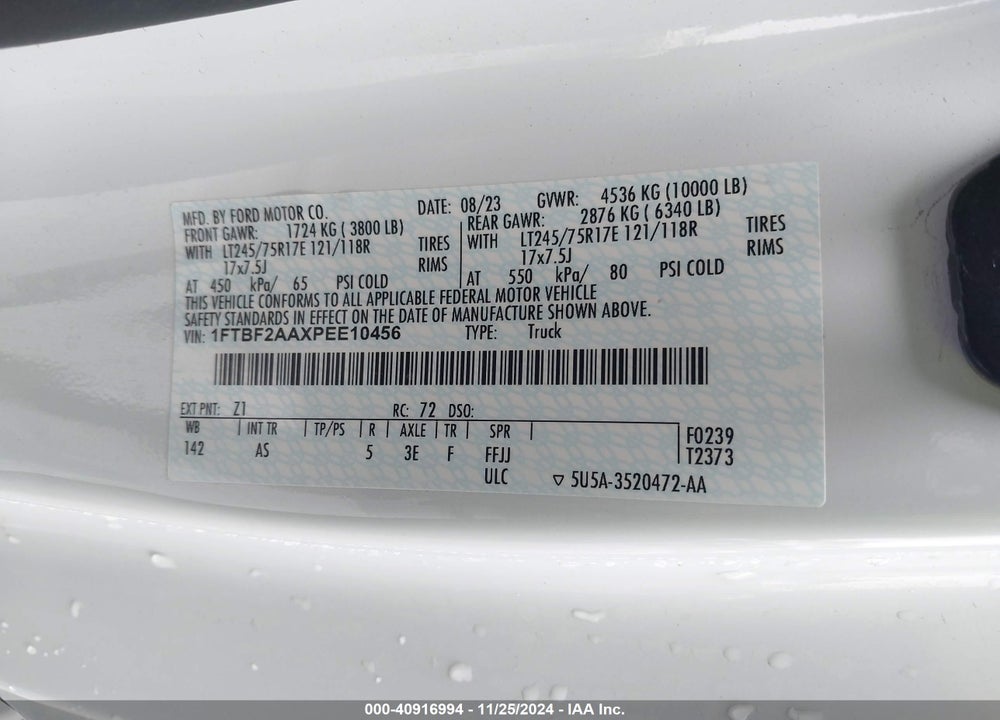 2023 FORD F-250 XL VIN: 1FTBF2AAXPEE10456