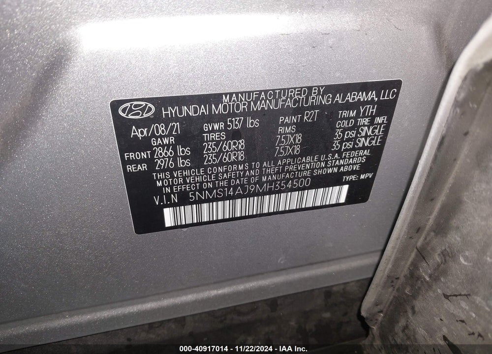 2021 HYUNDAI SANTA FE SE VIN: 5NMS14AJ9MH354500