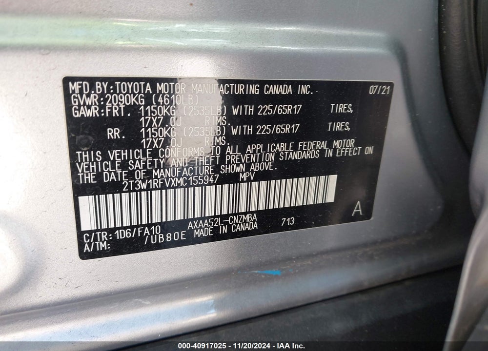 2021 TOYOTA RAV4 XLE VIN: 2T3W1RFVXMC155947