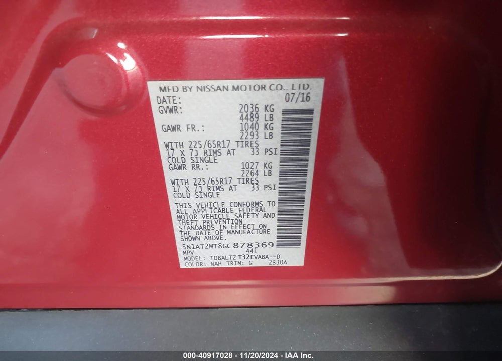 2016 NISSAN ROGUE SV VIN: 5N1AT2MT8GC878369