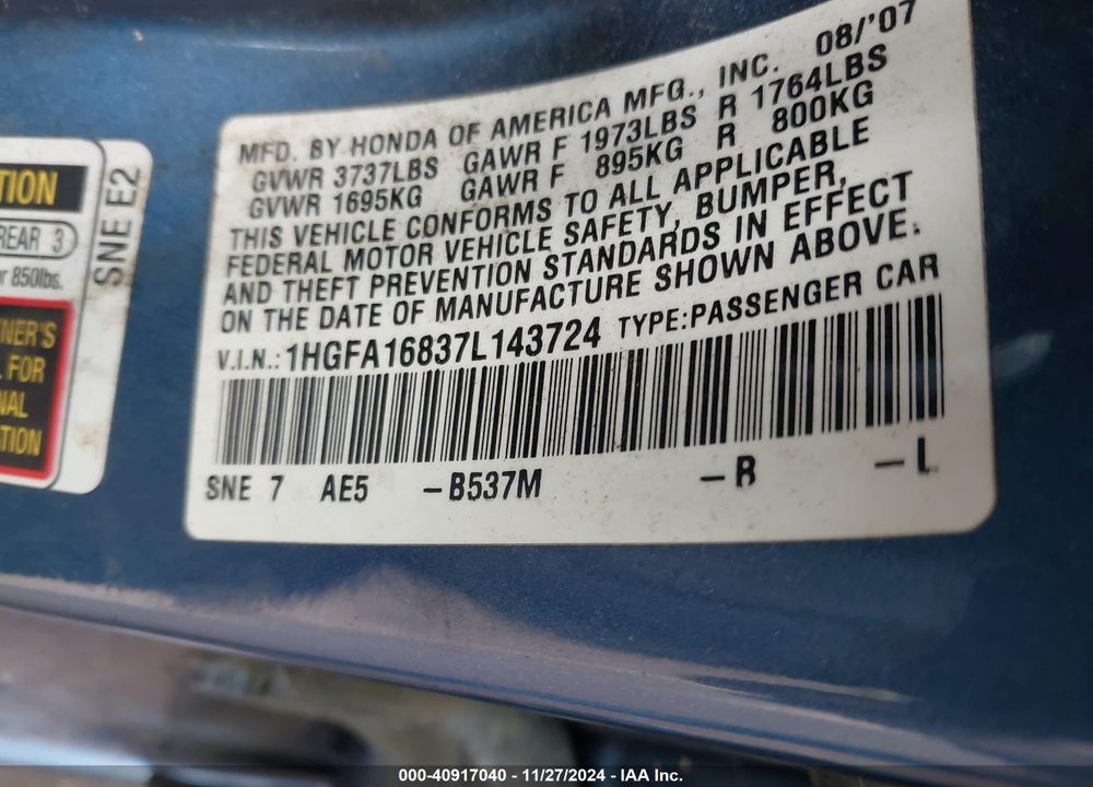 2007 HONDA CIVIC EX VIN: 1HGFA16837L143724