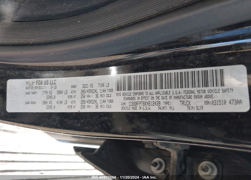 2019 RAM 1500 VIN: 1C6SRFPT6KN512439