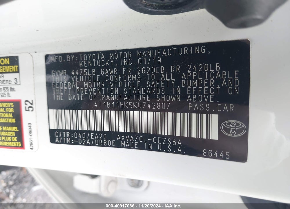 2019 TOYOTA CAMRY VIN: 4T1B11HK5KU742807