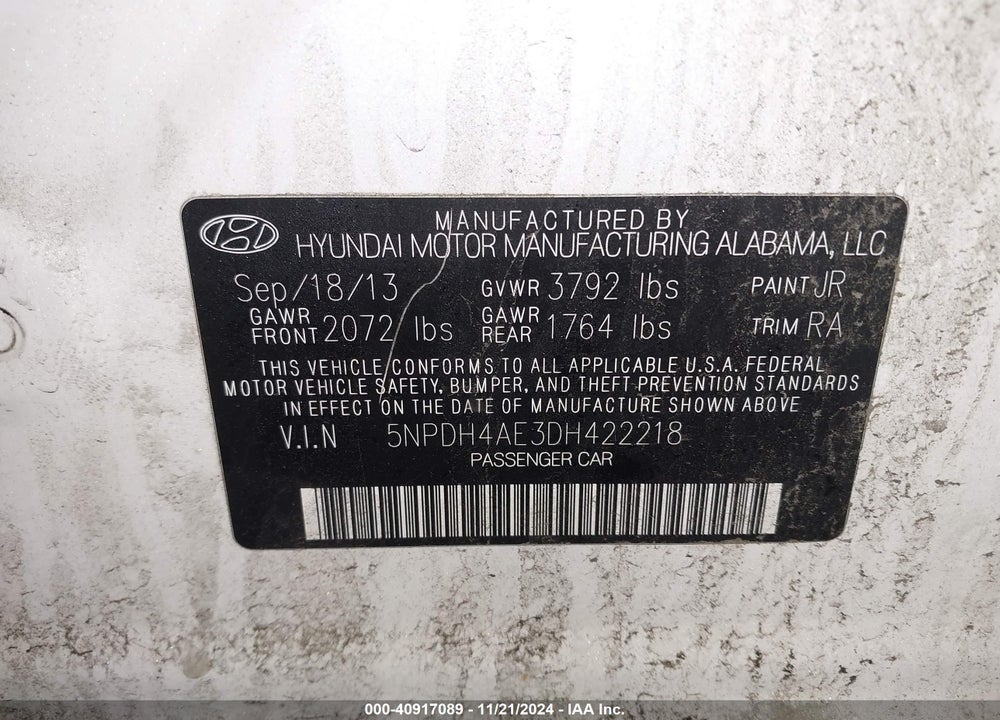 2013 HYUNDAI ELANTRA GLS VIN: 5NPDH4AE3DH422218