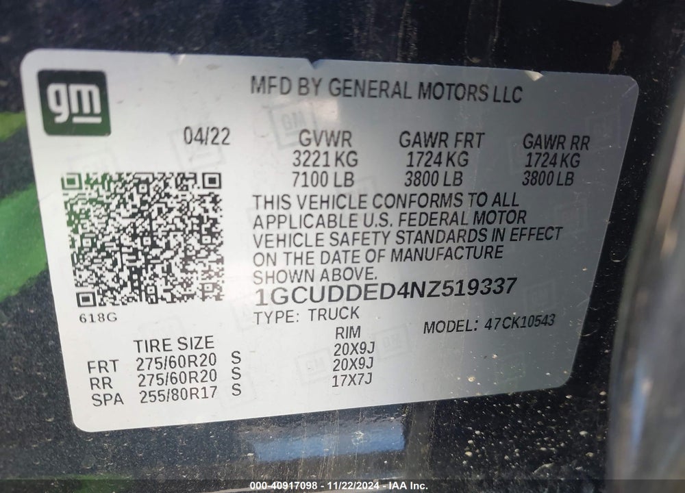 2022 CHEVROLET SILVERADO VIN: 1GCUDDED4NZ519337