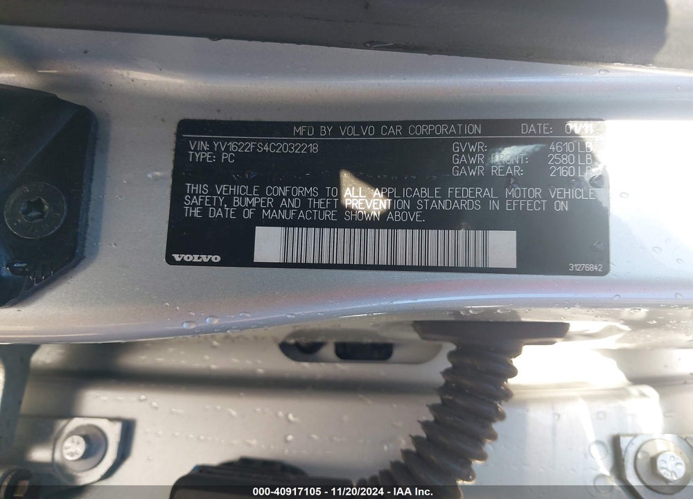2012 VOLVO S60 T5 VIN: YV1622FS4C2032218