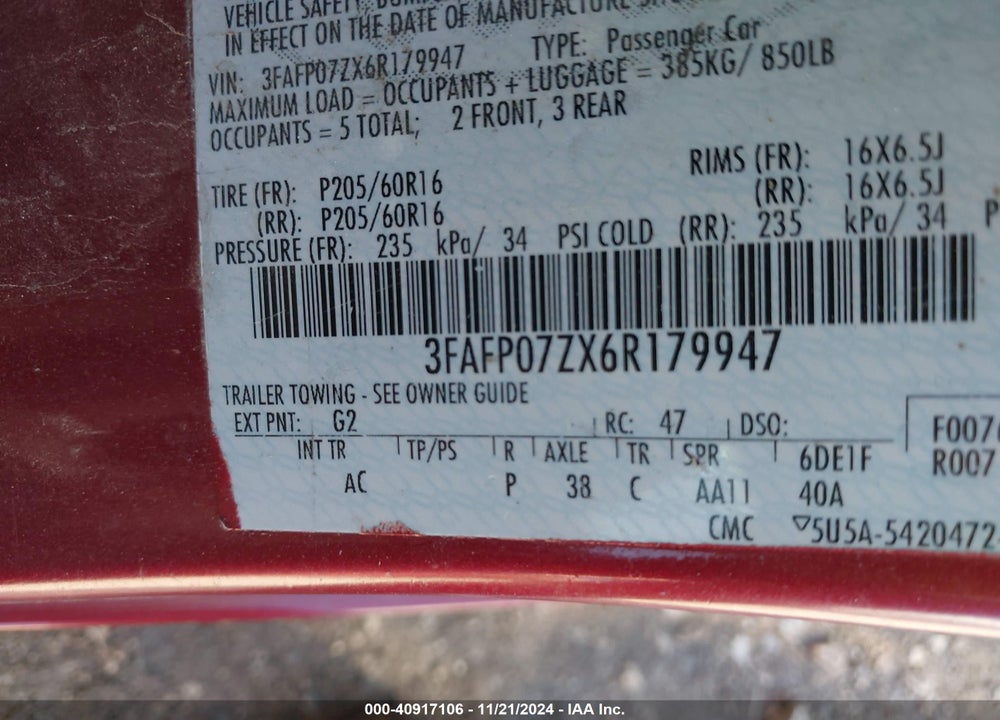 2006 FORD FUSION SE VIN: 3FAFP07ZX6R179947