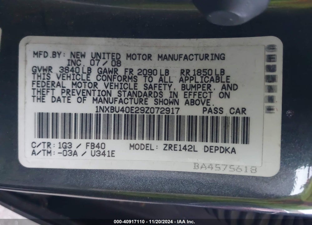 2009 TOYOTA COROLLA VIN: 1NXBU40E29Z072917