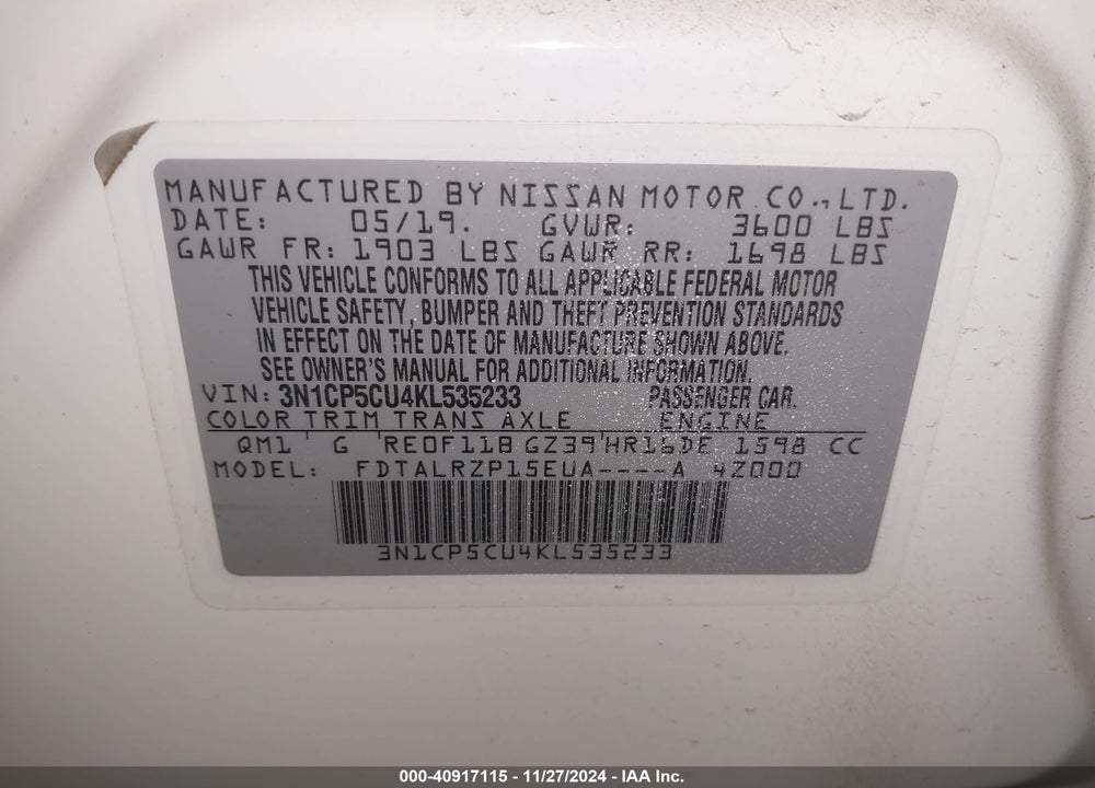 2019 NISSAN KICKS S VIN: 3N1CP5CU4KL535233