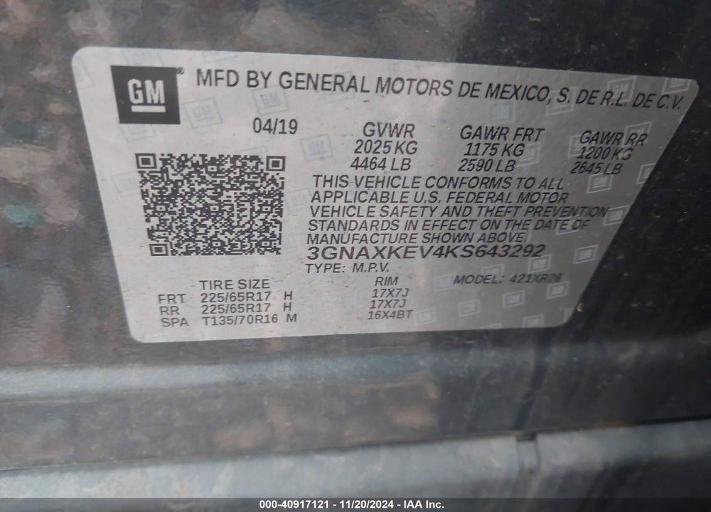 2019 CHEVROLET EQUINOX LT VIN: 3GNAXKEV4KS643292