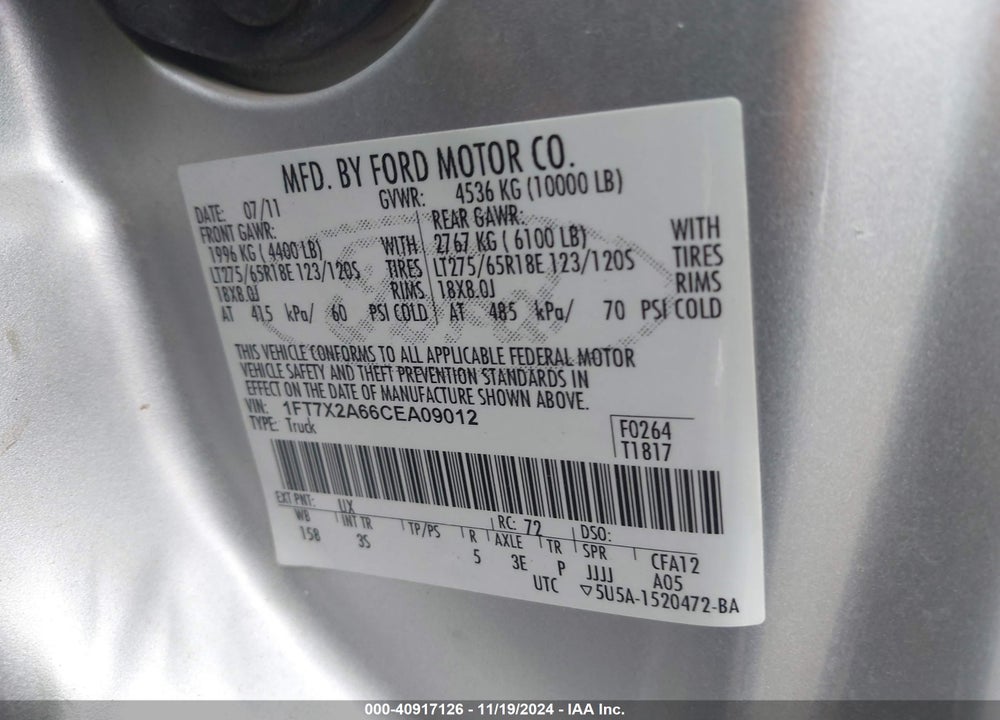 2012 FORD F-250 XLT VIN: 1FT7X2A66CEA09012