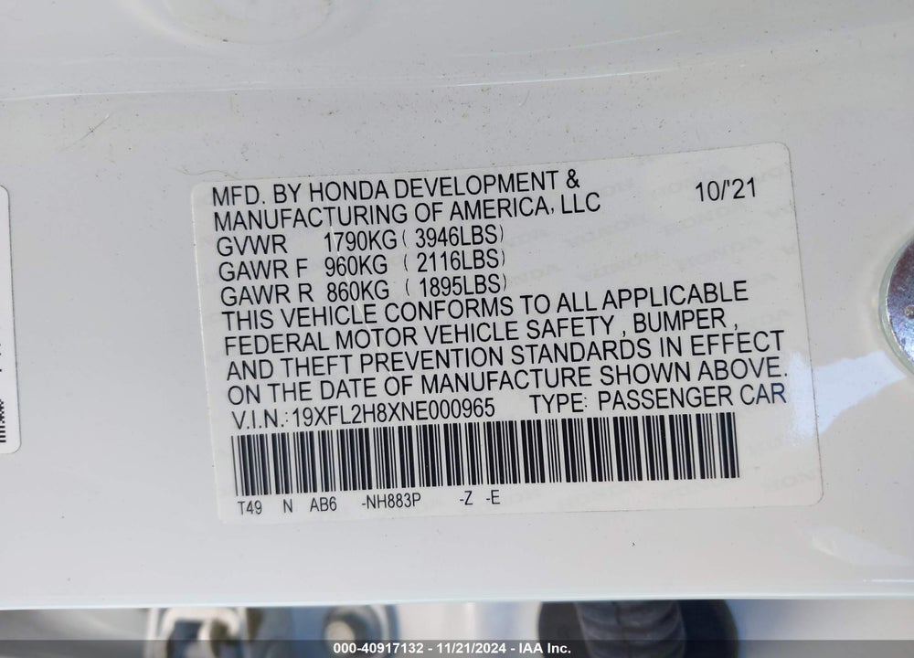 2022 HONDA CIVIC VIN: 19XFL2H8XNE000965
