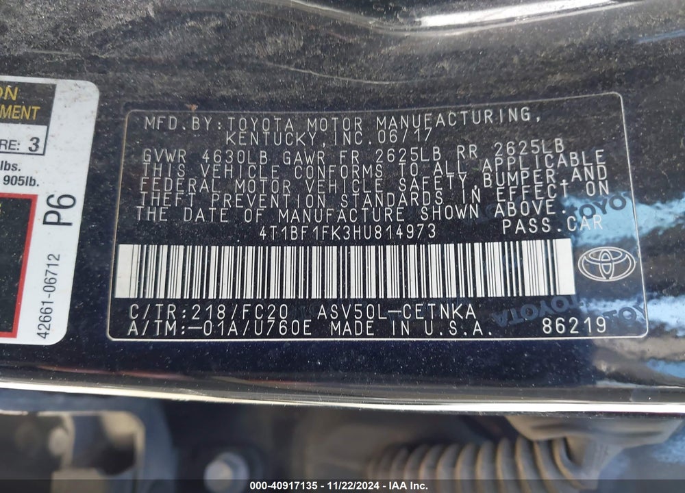 2017 TOYOTA CAMRY LE VIN: 4T1BF1FK3HU814973
