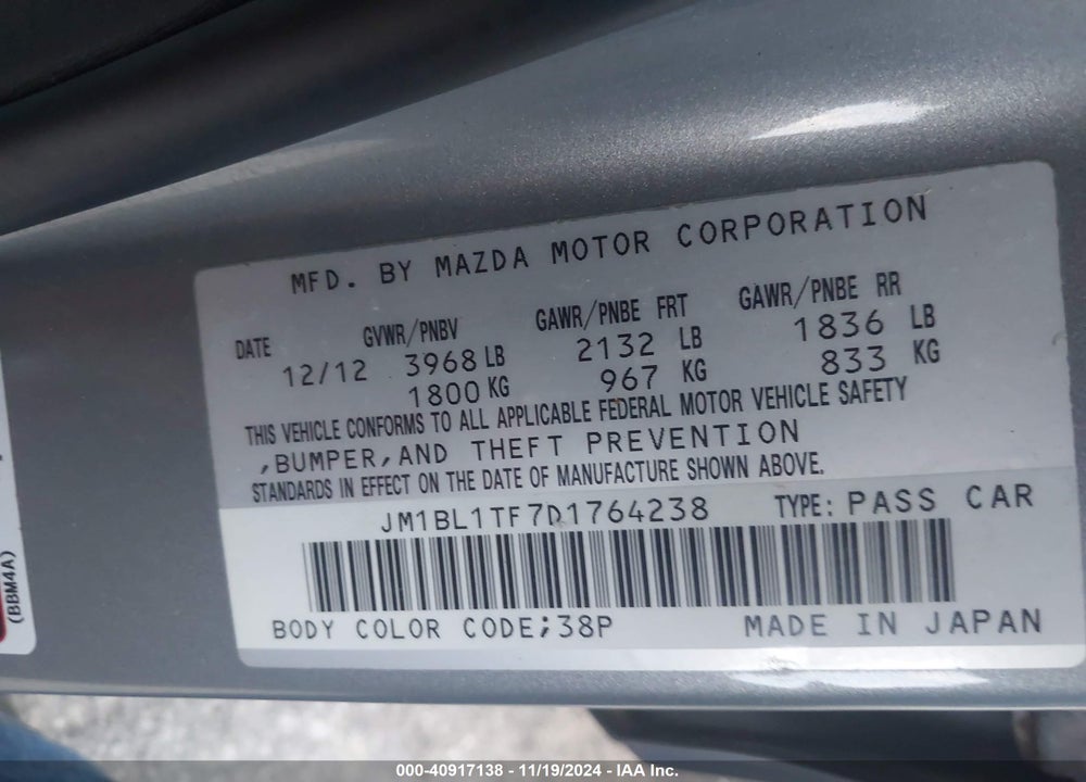 2013 MAZDA 3 I SV VIN: JM1BL1TF7D1764238