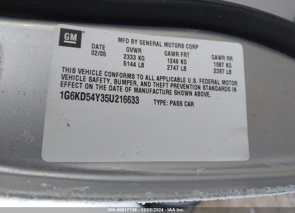 2005 CADILLAC DEVILLE LIVERY VIN: 1G6KD54Y35U216633