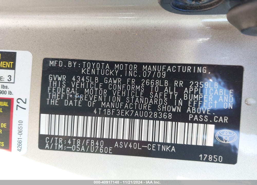 2010 TOYOTA CAMRY VIN: 4T1BF3EK7AU028368