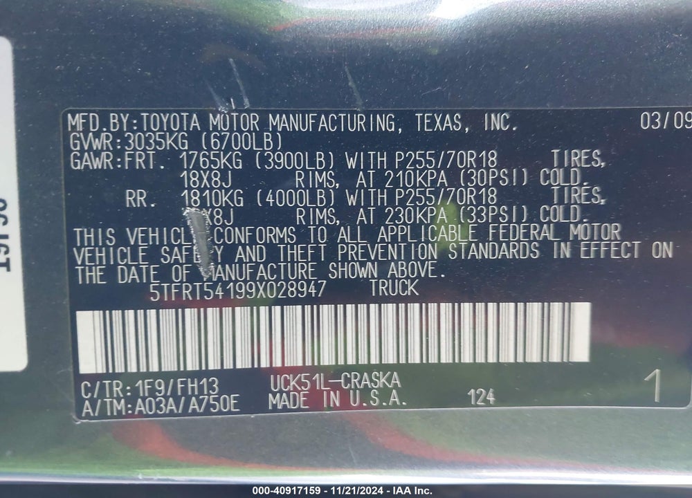 2009 TOYOTA TUNDRA GRADE 4.7L V8 VIN: 5TFRT54199X028947