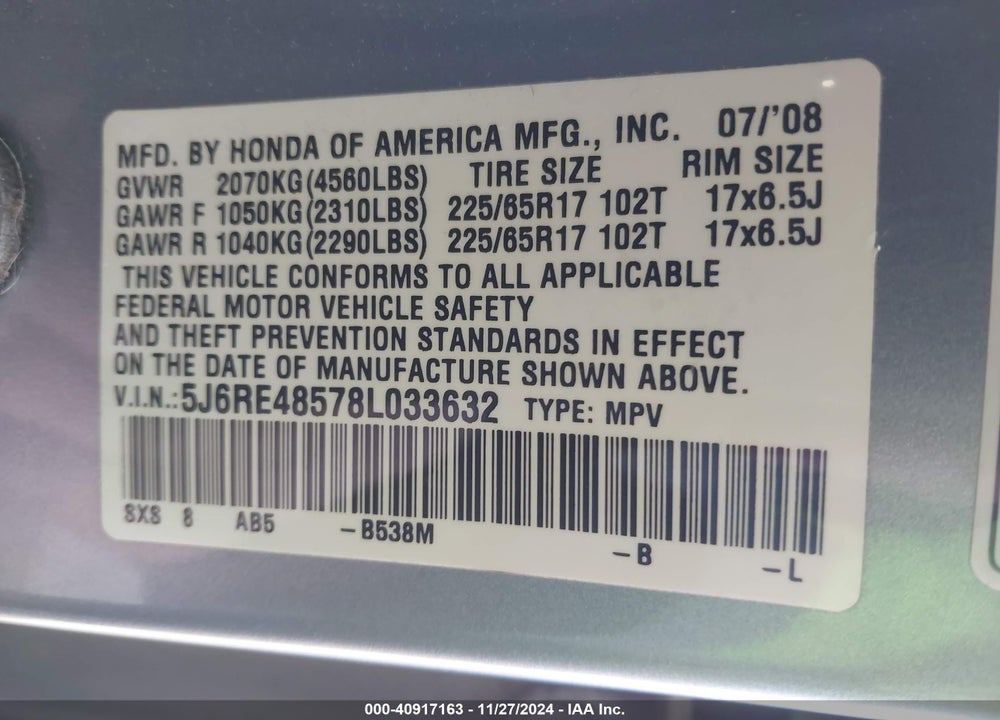 2008 HONDA CR-V EX VIN: 5J6RE48578L033632