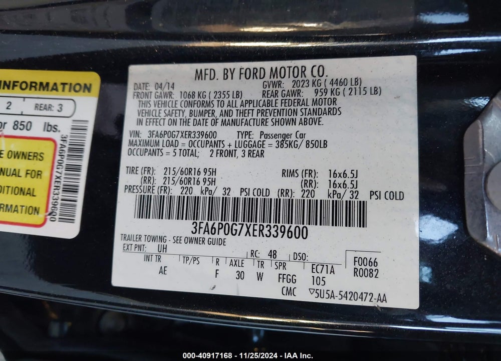 2014 FORD FUSION S VIN: 3FA6P0G7XER339600