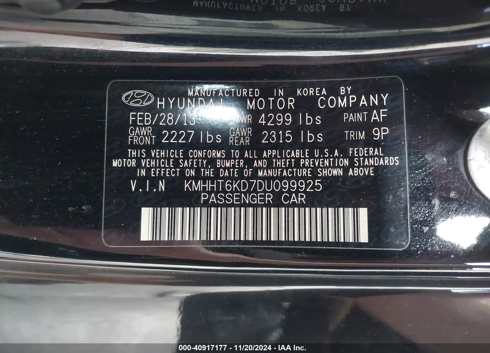 2013 HYUNDAI GENESIS 2.0T VIN: KMHHT6KD7DU099925