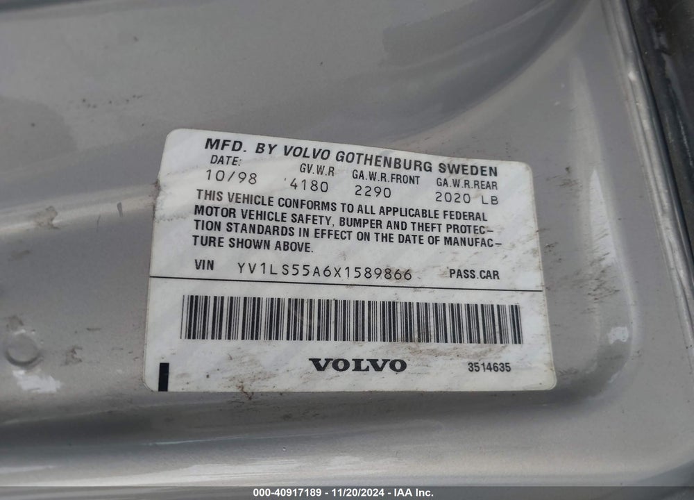 1999 VOLVO S70 VIN: YV1LS55A6X1589866