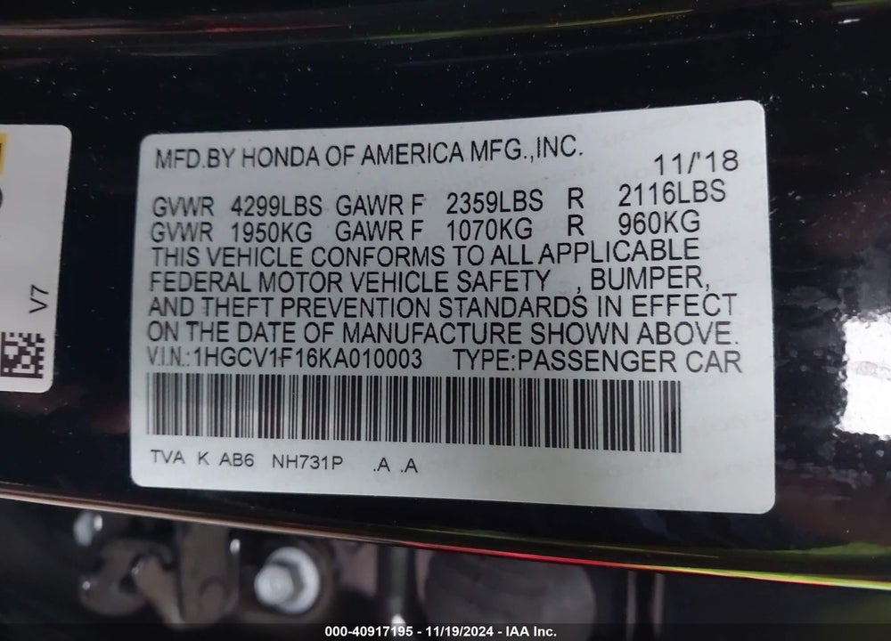 2019 HONDA ACCORD LX VIN: 1HGCV1F16KA010003