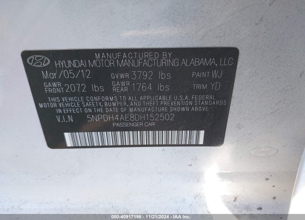 2013 HYUNDAI ELANTRA GLS VIN: 5NPDH4AE8DH152502
