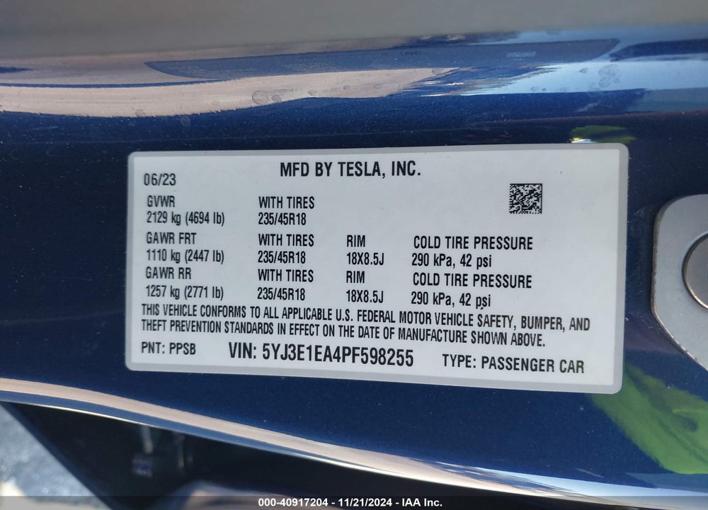 2023 TESLA MODEL 3 REAR-WHEEL DRIVE VIN: 5YJ3E1EA4PF598255
