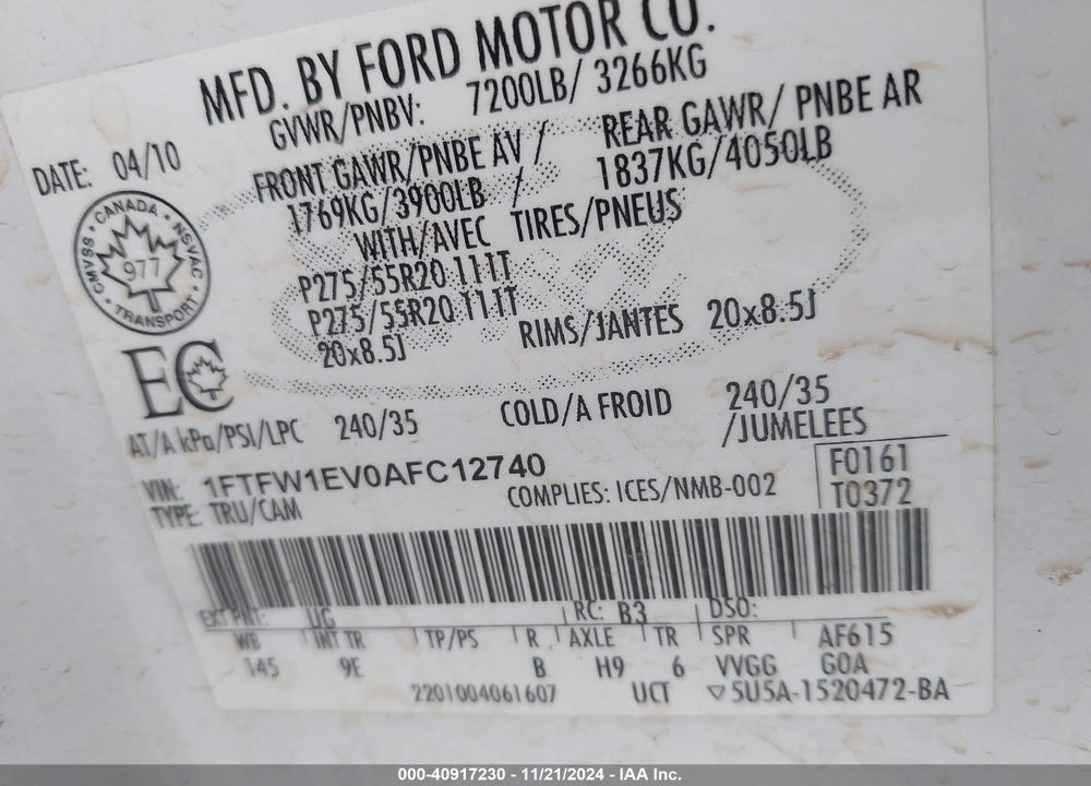 2010 HARLEY-DAVIDSON FORD F-150 FX4//KING RANCH/LARIAT/PLATINUM/XL/XLT VIN: 1FTFW1EV0AFC12740