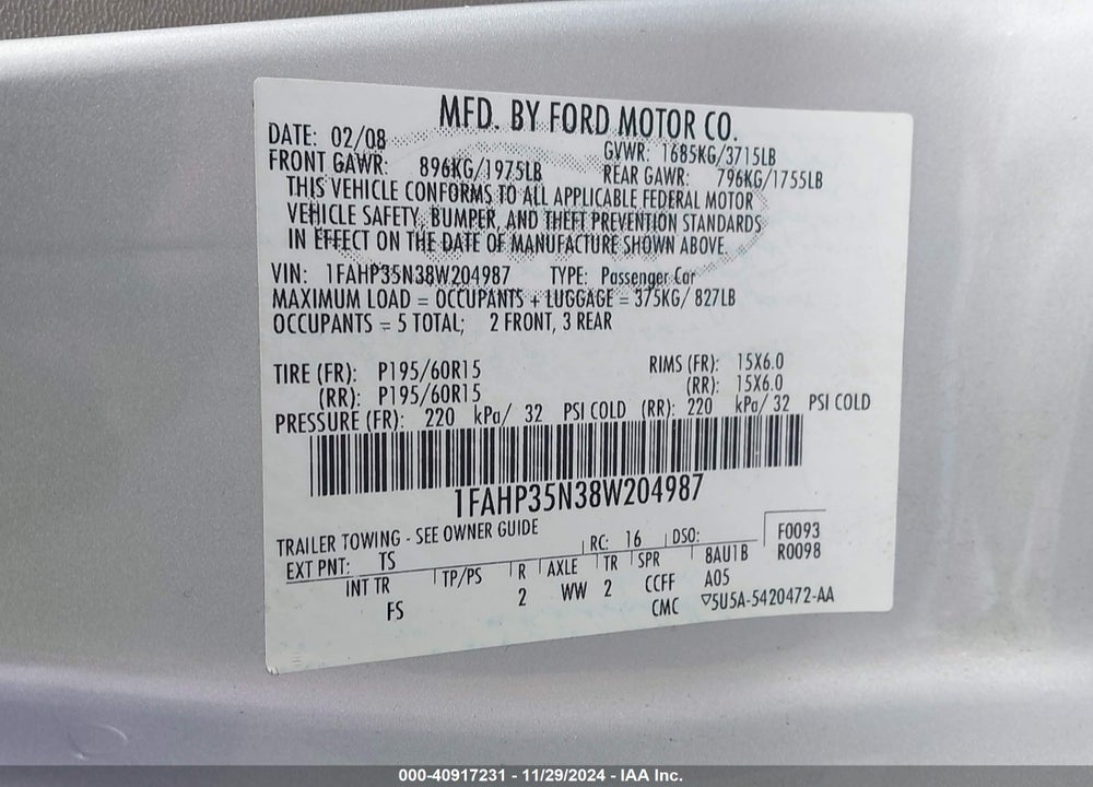 2008 FORD FOCUS SE/SES VIN: 1FAHP35N38W204987