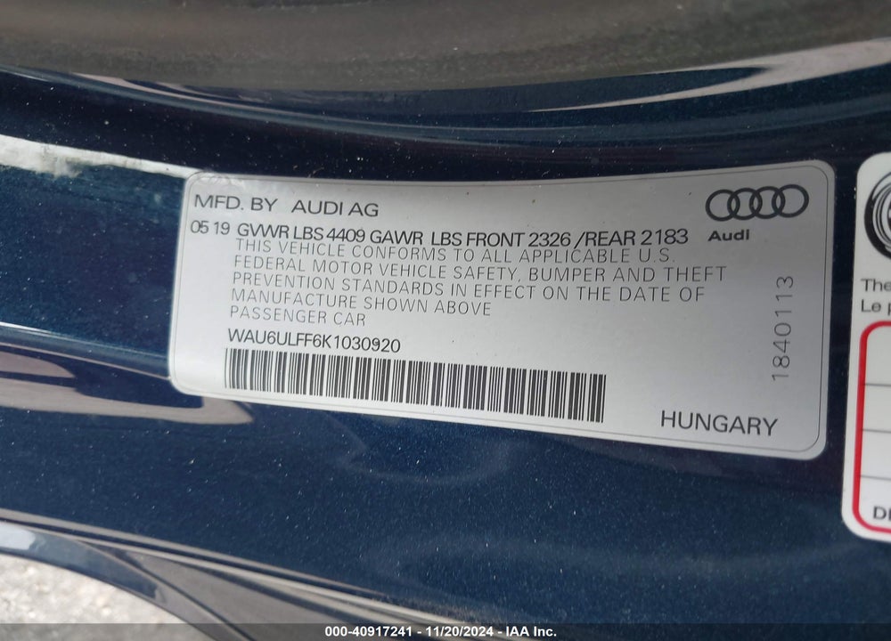 2019 AUDI A3 40 PREMIUM VIN: WAU6ULFF6K1030920