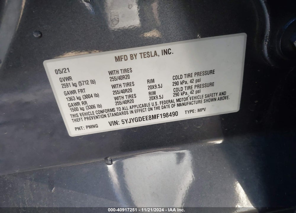 2021 TESLA MODEL Y LONG RANGE DUAL MOTOR ALL-WHEEL DRIVE VIN: 5YJYGDEE8MF198490