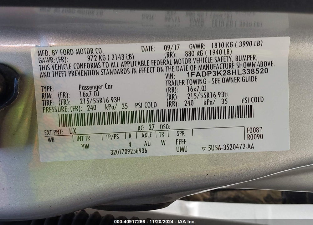 2017 FORD FOCUS VIN: 1FADP3K28HL338520