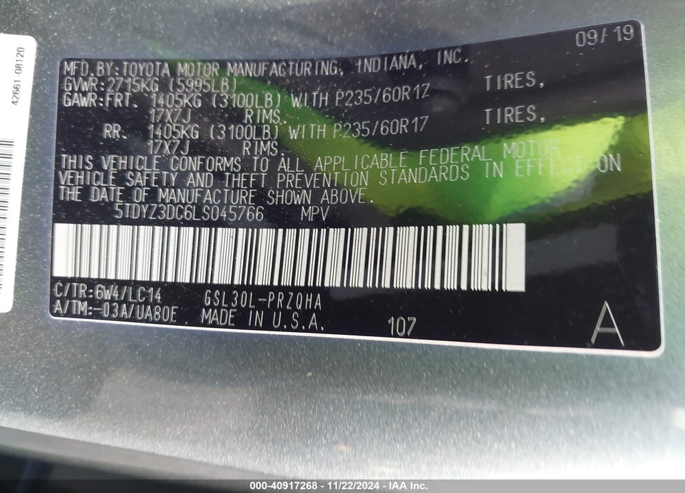 2020 TOYOTA SIENNA XLE VIN: 5TDYZ3DC6LS045766
