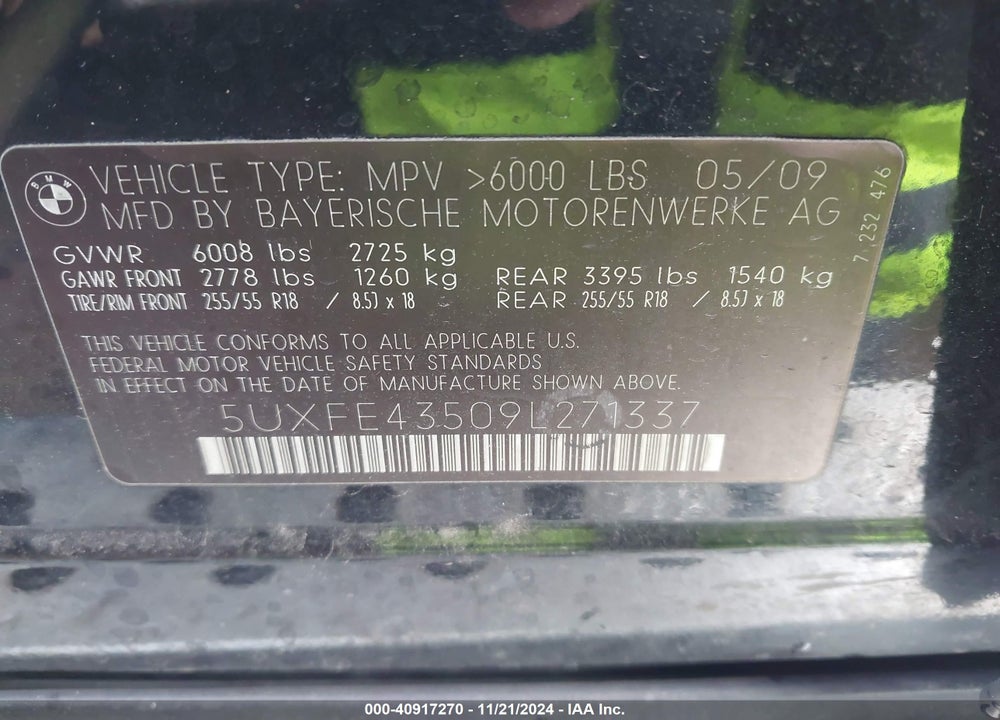 2009 BMW X5 XDRIVE30I VIN: 5UXFE43509L271337