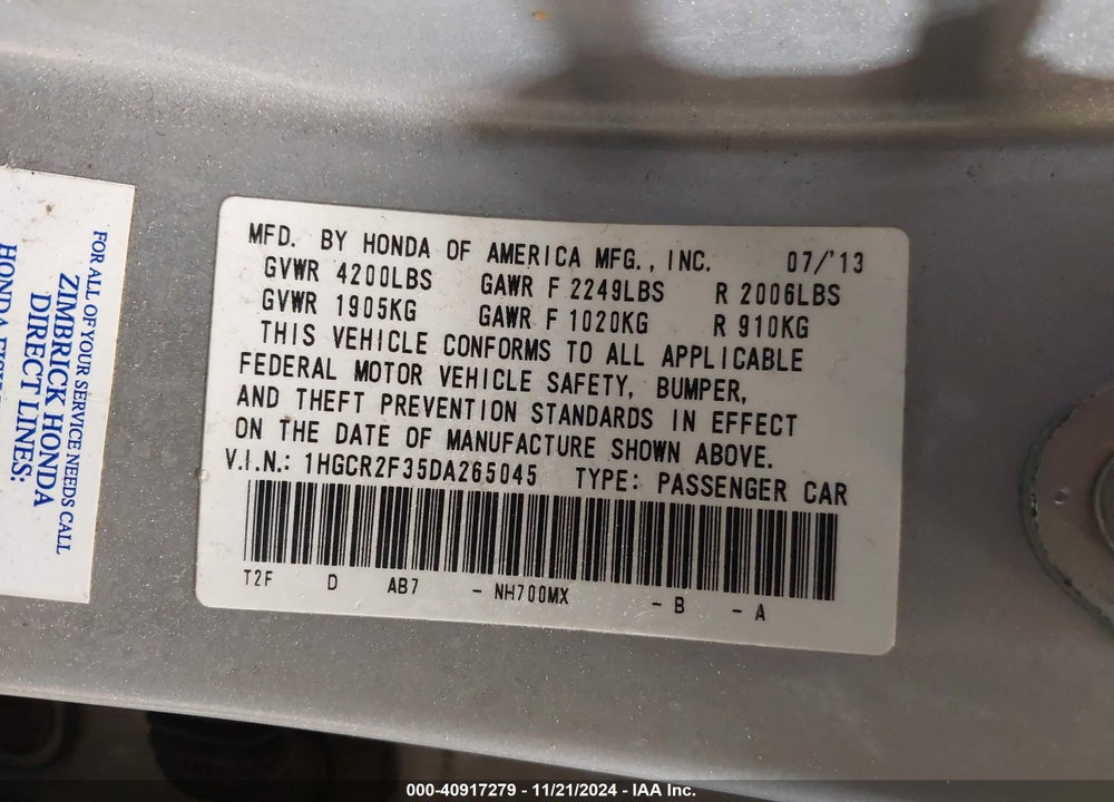 2013 HONDA ACCORD LX VIN: 1HGCR2F35DA265045