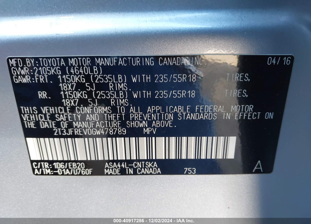 2016 TOYOTA RAV4 SE VIN: 2T3JFREV0GW478789