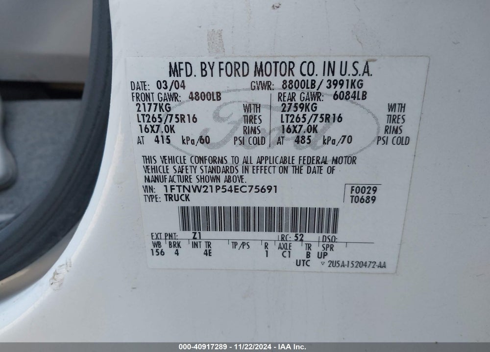 2004 FORD F-250 LARIAT/XL/XLT VIN: 1FTNW21P54EC75691
