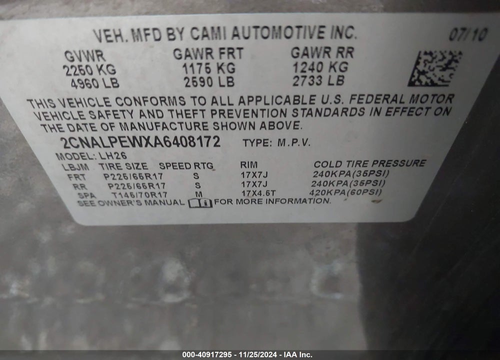 2010 CHEVROLET EQUINOX LT VIN: 2CNALPEWXA6408172